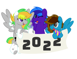 Size: 3400x2600 | Tagged: safe, artist:ponkus, oc, oc only, oc:flugel, oc:odd inks, oc:penstroke, pegasus, pony, :p, alcohol, banner, drink, female, happy new year, high res, holiday, mare, simple background, tongue out, transparent background