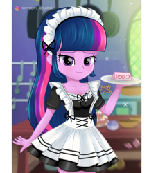 Size: 1014x1110 | Tagged: safe, alternate version, artist:fluttershy_art.nurul, twilight sparkle, equestria girls, g4, blurry background, blushing, clothes, cute, dedication, dress, eyelashes, female, kitchen, looking at you, love, maid, maidlight sparkle, makeup, plate, signature, skirt, smiling, smiling at you, solo, tape, twilight sparkle (alicorn)