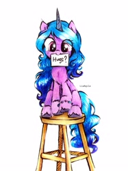 Size: 3024x4033 | Tagged: safe, artist:liaaqila, izzy moonbow, pony, unicorn, g5, my little pony: a new generation, bracelet, cute, eye clipping through hair, female, high res, hug request, hugs needed, izzybetes, jewelry, liaaqila is trying to murder us, mare, mouth hold, raised hoof, signature, simple background, sitting, solo, stool, traditional art, unshorn fetlocks, white background