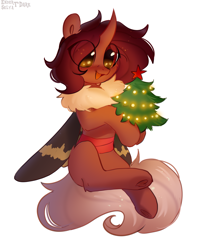 Size: 2480x3078 | Tagged: safe, artist:enderselyatdark, oc, oc only, oc:flechette, changeling, moth, mothling, original species, christmas changeling, female, high res, holeless, horn, light, red changeling, simple background, solo, stars, tree, white background, wings