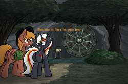 Size: 3000x1977 | Tagged: safe, artist:aaathebap, oc, oc only, oc:calamity, oc:velvet remedy, pegasus, pony, unicorn, fallout equestria, butt, duo, fallout, fanfic in the description, female, forest, forest background, male, mare, oc x oc, plot, shipping, straight, vault, velamity