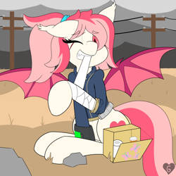 Size: 4000x4000 | Tagged: safe, artist:gnashie, oc, oc only, oc:blood moon, bat pony, pony, fallout equestria, bandage, bat pony oc, belly button, clothes, fangs, female, first aid kit, hair tie, jumpsuit, mare, one eye closed, pipbuck, ponytail, power line, rock, scar, sitting, solo, wings