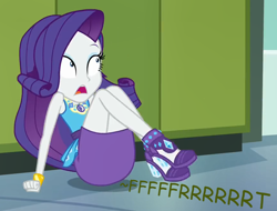 Size: 868x660 | Tagged: safe, artist:thedarkpony, edit, edited screencap, screencap, rarity, best trends forever, equestria girls, equestria girls series, g4, ass, butt, cropped, fart, fart edit, fart fetish, fart noise, female, fetish, onomatopoeia, rearity, shocked, shocked expression, sitting, sound effects