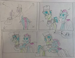Size: 3005x2317 | Tagged: safe, artist:13mcjunkinm, ocellus, sandbar, spike, sweetie belle, alicorn, changedling, changeling, dragon, earth pony, pony, unicorn, g4, alicornified, clothes, dancing, dress, female, high res, male, marriage, music notes, race swap, ship:ocelbar, ship:spikebelle, shipping, straight, sweetiecorn, traditional art, waltz, wedding, wedding dress