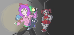 Size: 5062x2404 | Tagged: safe, artist:doodlegamertj, oc, oc:doodlegamertj, oc:mable syrup, oc:mona, avian, bird, ghost, robot, undead, equestria girls, g4, animatronic, bow, circus baby, deaf, female, five nights at freddy's, five nights at freddy's: sister location, flashlight (object), hair bow, hat, leaning on wall, pigtails, purple hair