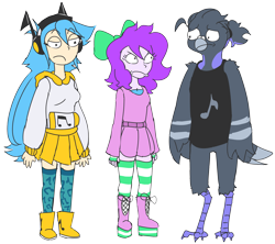Size: 3210x2851 | Tagged: safe, artist:doodlegamertj, oc, oc only, oc:doodlegamertj, oc:mable syrup, oc:musicallie, avian, bird, anthro, equestria girls, g4, angry, beak, blue hair, bow, clothes, deaf, dress, hair bow, headphones, high res, hoodie, long hair, music notes, platform boots, purple hair, rick and morty, simple background, skirt, socks, striped socks, transparent background