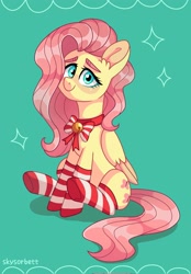 Size: 1427x2048 | Tagged: safe, artist:skysorbett, fluttershy, pegasus, pony, g4, bell, bowtie, clothes, cute, green background, shyabetes, simple background, socks, solo, striped socks