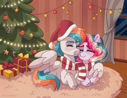 Size: 2048x1586 | Tagged: safe, artist:skysorbett, oc, oc only, oc:sky sorbet, oc:twister joy, pegasus, pony, candy, candy cane, christmas, christmas tree, clothes, food, hat, holiday, present, santa hat, scarf, shared clothing, shared scarf, striped scarf, tree, window