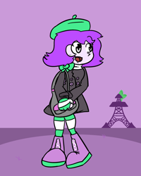 Size: 2000x2500 | Tagged: safe, artist:bigsneks, oc, oc only, oc:mable syrup, equestria girls, g4, beret, bow, clothes, coat, deaf, eiffel tower, france, happy, hat, high res, platform boots, purple background, purple hair, simple background, socks, striped socks