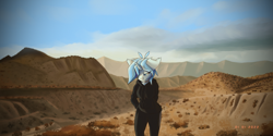 Size: 8192x4096 | Tagged: safe, artist:aurorakins, oc, oc only, oc:aurora, unicorn, anthro, anthro oc, clothes, desert, hoodie, photo, scenery, solo