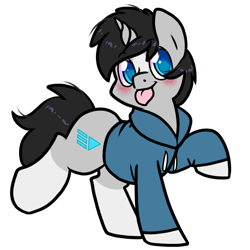 Size: 1200x1200 | Tagged: safe, artist:paperbagpony, oc, oc only, oc:cyan delta, pony, unicorn, 2022 community collab, derpibooru community collaboration, alternate design, blushing, clothes, coat markings, hoodie, horn, male, simple background, smol, socks (coat markings), solo, stallion, tongue out, transparent background, unicorn oc
