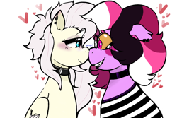 Size: 1500x1000 | Tagged: safe, artist:dsstoner, oc, oc:hrukii, bat pony, pegasus, pony, blushing, boop, choker, clothes, duo, duo female, female, glasses, lesbian, looking at someone, mare, noseboop, pegasus oc, piercing, ponysona, shipping