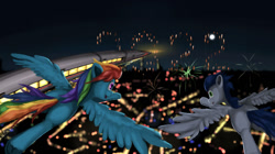 Size: 1280x718 | Tagged: safe, artist:edgillock, rainbow dash, soarin', pegasus, pony, g4, butt, duo, female, flying, happy new year, holiday, male, plot, rainbutt dash, ship:soarindash, shipping, soarass, spread wings, straight, wings