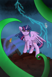 Size: 1380x2036 | Tagged: safe, artist:fireart, mane-iac, nightmare moon, starlight glimmer, sunset shimmer, twilight sparkle, alicorn, pony, g4, airship, implied tempest shadow, spider-man: no way home, storm airship, twilight sparkle (alicorn), vapor form