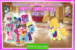 Size: 1032x684 | Tagged: safe, gameloft, butterscotch sweets, country mile, jack pot, lemon chiffon, pacifica, pony, g4, advertisement, background pony, camera, chubby, female, glasses, hat, male, mare, plump, siegfried and roy, stallion, top hat, unnamed character, unnamed pony