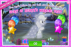 Size: 1035x680 | Tagged: safe, gameloft, applejack, spirit of hearth's warming past, earth pony, ghost, ghost pony, pony, g4, advertisement, balloon, braid, female, mare, present