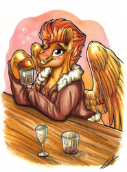 Size: 2481x3354 | Tagged: safe, artist:lupiarts, spitfire, pegasus, pony, g4, alcohol, blushing, bomber jacket, clothes, colored, drink, drunk, grin, high res, hoof hold, how do hooves work?, jacket, looking at you, sexy, smiling, smiling at you, solo, stupid sexy spitfire, tipsy, tipsyfire, traditional art, whiskey, wonderbolts