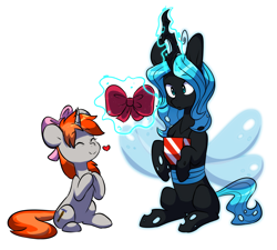 Size: 4772x4296 | Tagged: safe, artist:chub-wub, oc, oc only, oc:iron filigree, oc:queen fylifa, changeling queen, pony, unicorn, blue changeling, bow, changeling queen oc, christmas presents, duo, female, hair bow, hooves together, lesbian, mare, present, ribbon, romance, romantic, sitting, smiling, surprised