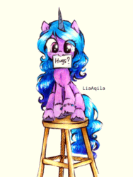 Size: 600x800 | Tagged: safe, artist:liaaqila, artist:szafir87, izzy moonbow, pony, unicorn, g5, my little pony: a new generation, animated, bracelet, cute, female, gif, hug request, izzybetes, jewelry, liaaqila is trying to murder us, mare, mouth hold, raised hoof, signature, simple background, sitting, solo, stool, szafir87 is trying to murder us, tail, tail wag, traditional art, unshorn fetlocks, weapons-grade cute