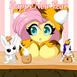 Size: 2000x2000 | Tagged: safe, artist:ragurimo, angel bunny, fluttershy, rarity, pegasus, pony, rabbit, g4, animal, animal costume, cat costume, clothes, costume, cute, female, happy new year 2022, high res, horn, horn impalement, mallet, mare, mochi, mug, open mouth, shyabetes