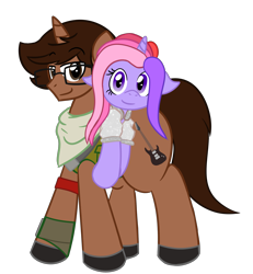 Size: 1838x1987 | Tagged: safe, artist:nerdymexicanunicorn, oc, oc only, oc:kunzite, oc:nerdy, pony, unicorn, 2022 community collab, derpibooru community collaboration, armband, clothes, cosplay, costume, duo, duo male, eyebrows, eyebrows visible through hair, eyelashes, fabio sparklemane (cosplay), floppy ears, fortnite, glasses, horn, jacket, looking at you, lying down, male, on back, pygmy pony, scarf, simple background, smiling, smiling at you, smirk, stallion, transparent background, uniform