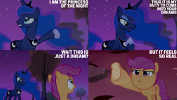 Size: 1280x720 | Tagged: safe, edit, edited screencap, editor:quoterific, screencap, princess luna, scootaloo, alicorn, pegasus, pony, g4, season 3, sleepless in ponyville, crown, female, filly, foal, hoof shoes, jewelry, mare, night, open mouth, open smile, regalia, smiling