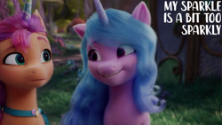 Size: 1280x720 | Tagged: safe, edit, edited screencap, editor:quoterific, screencap, izzy moonbow, sunny starscout, earth pony, pony, unicorn, g5, my little pony: a new generation, spoiler:my little pony: a new generation, fake horn, female, mare, smiling