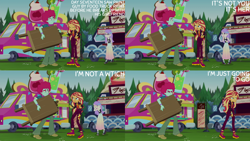 Size: 1280x720 | Tagged: safe, edit, edited screencap, editor:quoterific, screencap, oxford brush, snow flower, sunset shimmer, equestria girls, equestria girls specials, g4, my little pony equestria girls: better together, my little pony equestria girls: sunset's backstage pass, clothes, crying, eyes closed, female, geode of empathy, hand on hip, heartbreak, jacket, leather, leather jacket, magical geodes, male, music festival outfit, open mouth, oxflower, shoes