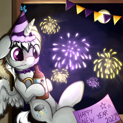 Size: 1280x1280 | Tagged: safe, artist:appleneedle, oc, oc only, oc:dark tempest, alicorn, pony, 2022, alcohol, booze, bottle, digital art, fireworks, new year, party, solo