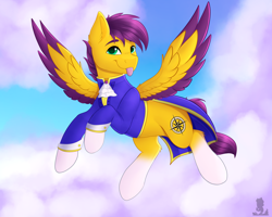 Size: 2500x2000 | Tagged: safe, artist:monsoonvisionz, oc, oc:yellow jack, pegasus, pony, :p, clothes, cloud, coat markings, colored wings, cutie mark, high res, socks (coat markings), solo, tongue out, two toned wings, uniform, wings