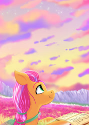 Size: 1024x1449 | Tagged: safe, artist:neoshrek, sunny starscout, earth pony, pony, g5, my little pony: a new generation, book, cloud, female, field, mare, sky, smiling, solo