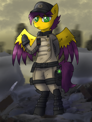 Size: 1620x2160 | Tagged: safe, artist:nagithebat, oc, oc only, oc:yellow jack, pegasus, pony, colored wings, enclave, enclave uniform, energy weapon, gun, outfit, pose, solo, two toned wings, uniform, weapon, wings
