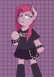 Size: 1668x2388 | Tagged: safe, artist:theedgyduck, pinkie pie, earth pony, pony, semi-anthro, g4, arm hooves, clothes, ear piercing, female, mare, piercing, pinkamena diane pie, punk, punkamena, punkie pie, shirt, simple background, socks, solo, song reference, spiked wristband, standing on two hooves, standing up, t-shirt, wristband, zettai ryouiki