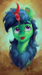 Size: 2468x4341 | Tagged: safe, artist:rigbyh00ves, oc, oc only, oc:lex rudera, kirin, pony, :p, abstract background, blue mane, chest fluff, colored pupils, cute, eyebrows, glasses, green coat, high res, horn, kirin oc, looking up, male, signature, solo, tongue out