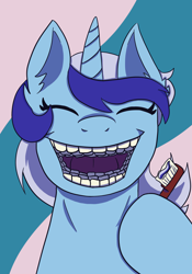 Size: 1668x2388 | Tagged: safe, artist:theedgyduck, minuette, pony, unicorn, g4, eyes closed, female, hyperdontia, mare, open mouth, open smile, simple background, smiling, solo, teeth, toothbrush, wat