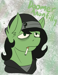 Size: 1468x1885 | Tagged: safe, artist:theedgyduck, oc, oc only, oc:filly anon, earth pony, pony, bags under eyes, beanie, cigarette, clothes, doomer, female, filly, foal, hat, hoodie, meme, simple background, solo, wojak