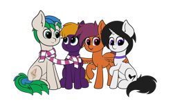 Size: 3200x2000 | Tagged: safe, artist:veeayydee, oc, oc only, oc:anastasia, oc:purple creativity, oc:star logic, oc:vee, pegasus, pony, unicorn, 2022 community collab, derpibooru community collaboration, black mane, black tail, blue eyes, clothes, ear fluff, eye contact, female, green eyes, high res, horn, hug, looking at each other, looking at someone, male, mare, open mouth, open smile, pegasus oc, purple eyes, raised hoof, scarf, shared clothing, shared scarf, simple background, sitting, smiling, spread wings, stallion, standing, tail, transparent background, two toned mane, two toned tail, unicorn oc, winghug, wings