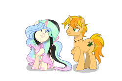 Size: 3000x2000 | Tagged: safe, artist:daisydiamond, oc, oc only, oc:daisy diamond, oc:rustic rails, alicorn, pony, unicorn, 2022 community collab, derpibooru community collaboration, ^^, duo, eyes closed, female, full body, green eyes, grin, high res, hoof polish, horn, looking at someone, male, mare, raised hoof, shadow, show accurate, simple background, smiling, spread wings, stallion, standing, tail, transparent background, two toned mane, two toned tail, wings