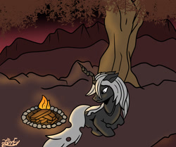 Size: 1144x956 | Tagged: safe, artist:zadrex, oc, changeling, changepony, hybrid, pony, campfire, cover, fanfic art, night, savanna, solo, tree, white changeling