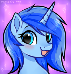 Size: 1098x1140 | Tagged: safe, artist:megabait, oc, oc only, oc:spacelight, pony, unicorn, blushing, bust, cute, looking at you, open mouth, open smile, portrait, smiling, smiling at you, solo