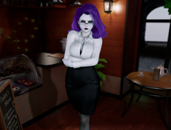 Size: 1882x1434 | Tagged: safe, artist:suiteandelite, rarity, human, g4, 3d, angry, breasts, busty rarity, cafe, cleavage, clothes, coffee, coffee shop, ear piercing, earring, fishnet pantyhose, glasses, humanized, jewelry, lighting, menu, miniskirt, necklace, piercing, skirt, standing, teapot, upset, vam, virt-a-mate, virtual reality