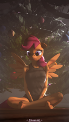 Size: 2160x3840 | Tagged: safe, artist:steamyart, scootaloo, pegasus, anthro, plantigrade anthro, art pack:winter wonderland 2021, g4, 3d, barefoot, christmas, christmas tree, crying, feet, high res, holiday, lonely, sad, solo, tree