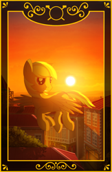 Size: 705x1080 | Tagged: safe, artist:gign-3208, pegasus, pony, building, card, flying, grin, looking back, ponified, sky, smiling, smirk, solo, spread wings, sun, sunset, the chronicles of amber, wings