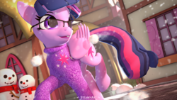 Size: 3840x2160 | Tagged: safe, artist:steamyart, twilight sparkle, alicorn, pony, art pack:winter wonderland 2021, g4, 3d, clothes, cute, female, glasses, high res, mare, snow, snowman, source filmmaker, sweater, twiabetes, twilight sparkle (alicorn)