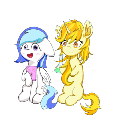 Size: 1080x1080 | Tagged: safe, artist:淬月星辉, oc, oc only, pegasus, pony, unicorn, 2022 community collab, derpibooru community collaboration, beaker, blushing, floppy ears, simple background, smiling, transparent background