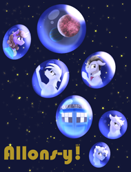 Size: 1900x2500 | Tagged: safe, artist:sixes&sevens, derpy hooves, dinky hooves, doctor whooves, ponet, time turner, earth pony, pegasus, pony, unicorn, g4, bubble, clothes, cravat, doctor who, eighth doctor, fanfic, fanfic art, fanfic cover, frock coat, planet, ponified, shirt, stars, tardis, tenth doctor, the doctor
