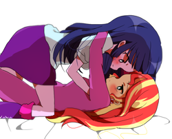 Size: 1202x972 | Tagged: safe, artist:lotte, sunset shimmer, twilight sparkle, human, equestria girls, g4, my little pony equestria girls: rainbow rocks, blushing, breasts, clothes, embrace, female, hug, imminent kissing, lesbian, ship:sunsetsparkle, shipping, simple background, skirt, white background