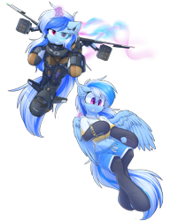 Size: 3151x4096 | Tagged: safe, artist:movieskywalker, derpibooru exclusive, oc, oc only, oc:ravist, oc:twilight thunder, pegasus, unicorn, semi-anthro, 2022 community collab, derpibooru community collaboration, apex legends, arm hooves, bipedal, clothes, flying, macro, magic, mecha, simple background, smiling, smirk, transparent background