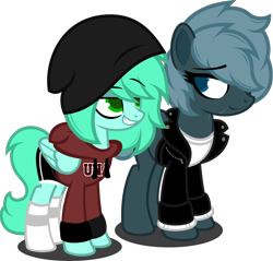 Size: 5519x5270 | Tagged: safe, artist:buckeyescozycafe, oc, oc:flash freeze, oc:madison meadows, pegasus, pony, 2022 community collab, derpibooru community collaboration, beanie hat, clothes, female, hoodie, jacket, leather jacket, looking at each other, looking at someone, mare, simple background, socks, transparent background