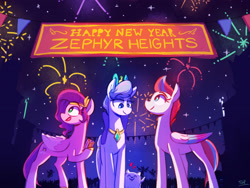 Size: 2400x1800 | Tagged: safe, artist:scribble-potato, cloudpuff, pipp petals, queen haven, zipp storm, pegasus, pony, g5, my little pony: a new generation, celebration, cute, female, fireworks, happy new year, happy new year 2022, holiday, royal sisters (g5), siblings, sisters, trio, zephyr heights